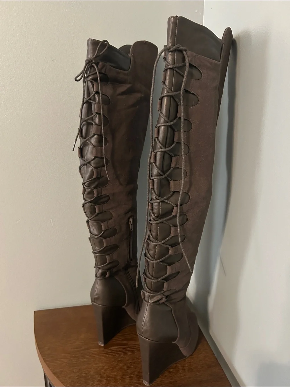 Women's Dark Grey Suede Over-the-Knee Wedge Boots